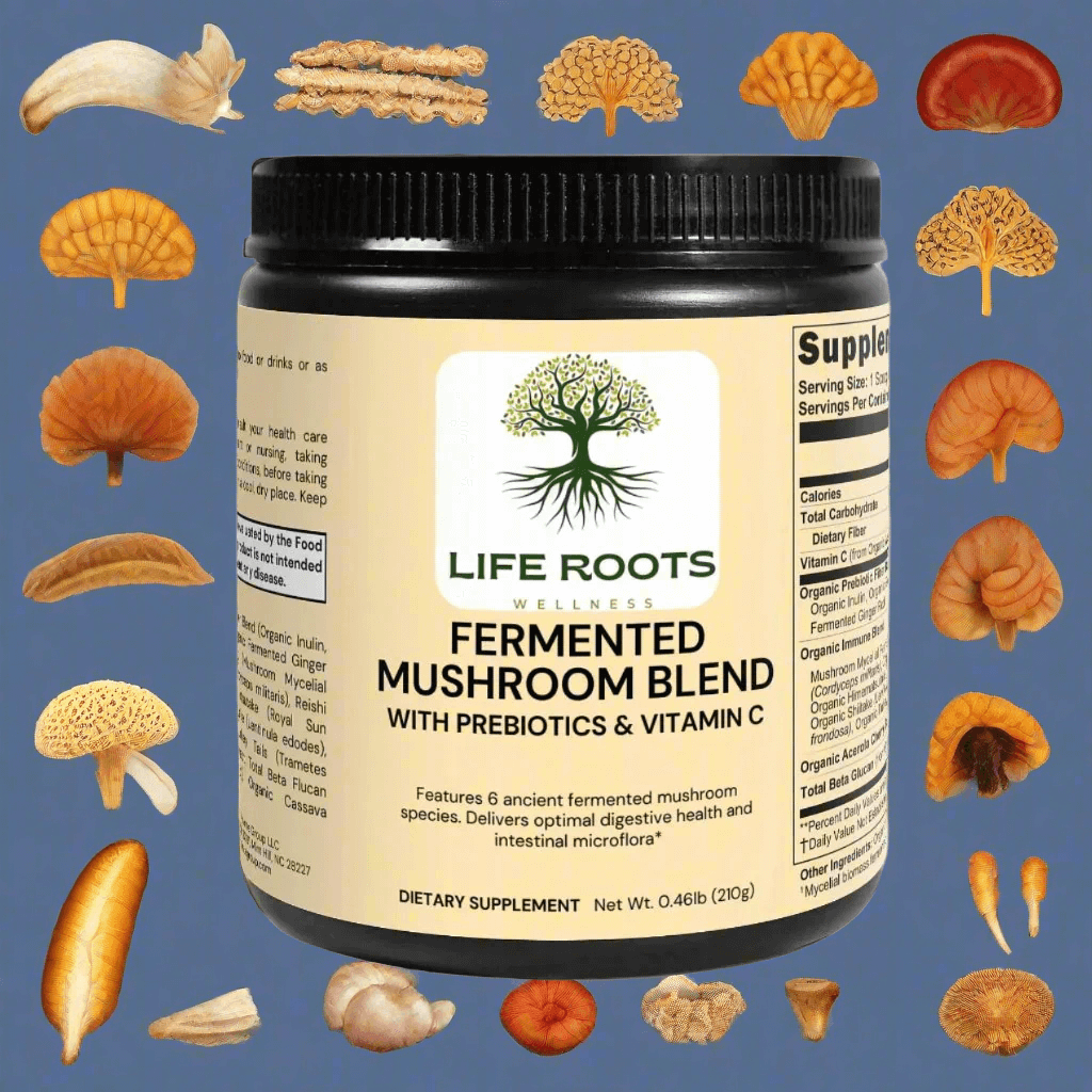 Mushroom Blend supplement with 6 mushrooms blend, prebiotics and vitamin c, Front Jar