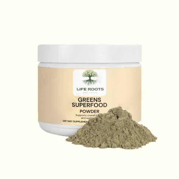 Greens Superfood Powder supports gut health, Front Jar